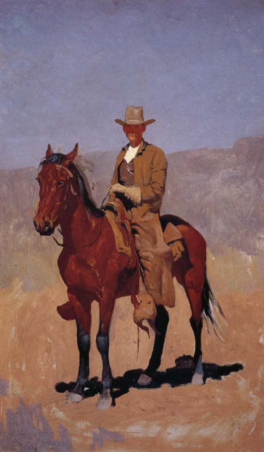 Mounted Cowboy in Chaps with Bay Horse